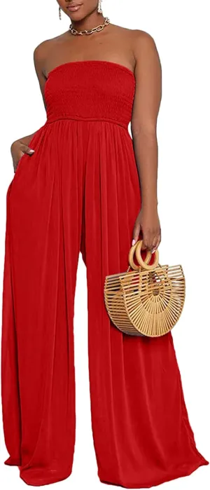 Ophestin Women's Strapless Tube Wide Leg Jumpsuits Smocked Women Jumpsuits Dressy Casual Flowy One Piece Jumpsuits Rompers