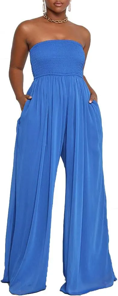 Ophestin Women's Strapless Tube Wide Leg Jumpsuits Smocked Women Jumpsuits Dressy Casual Flowy One Piece Jumpsuits Rompers