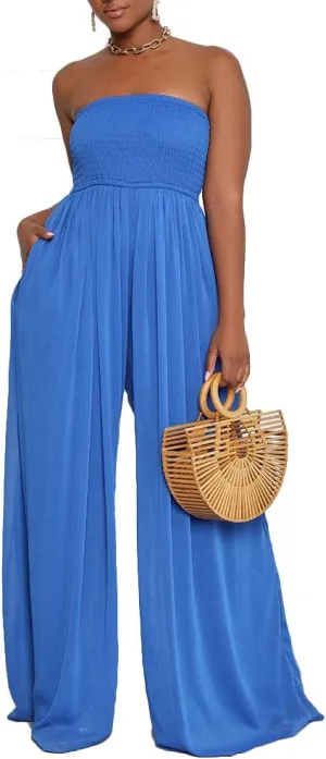 Ophestin Women's Strapless Tube Wide Leg Jumpsuits Smocked Women Jumpsuits Dressy Casual Flowy One Piece Jumpsuits Rompers