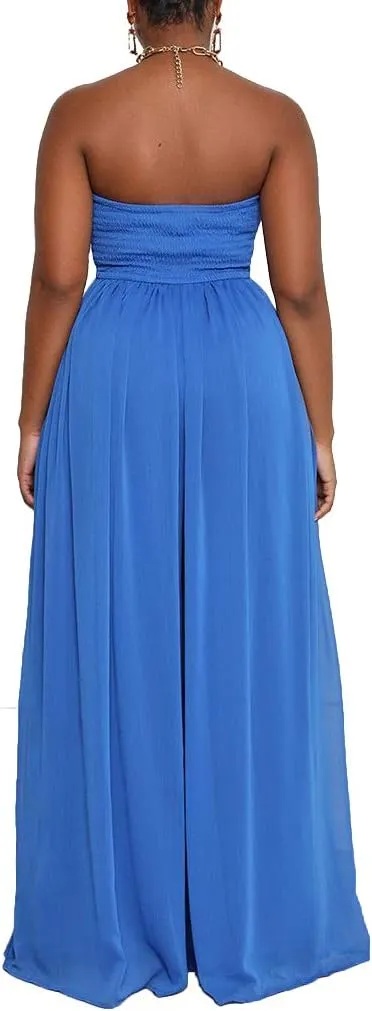 Ophestin Women's Strapless Tube Wide Leg Jumpsuits Smocked Women Jumpsuits Dressy Casual Flowy One Piece Jumpsuits Rompers