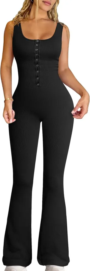OQQ Jumpsuits For Women Ribbed Square Neck Sleeveless Sexy Stretch Flare Jumpsuits