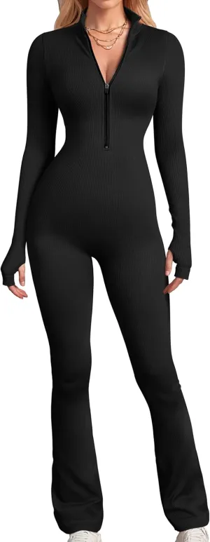 OQQ Women's Yoga Jumpsuits Ribbed Long Sleeve Zip Front Sport Bell Bottoms Flare Jumpsuits