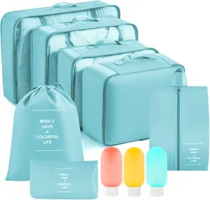 Packing Cubes - 10 Pieces Luggage Sets Waterproof Suitcase Organizer Mesh Packing Bags Clothes Shoes Cosmetics Toiletries Space Saver Storage Bags with Portable Bottles for Travel (Blue)