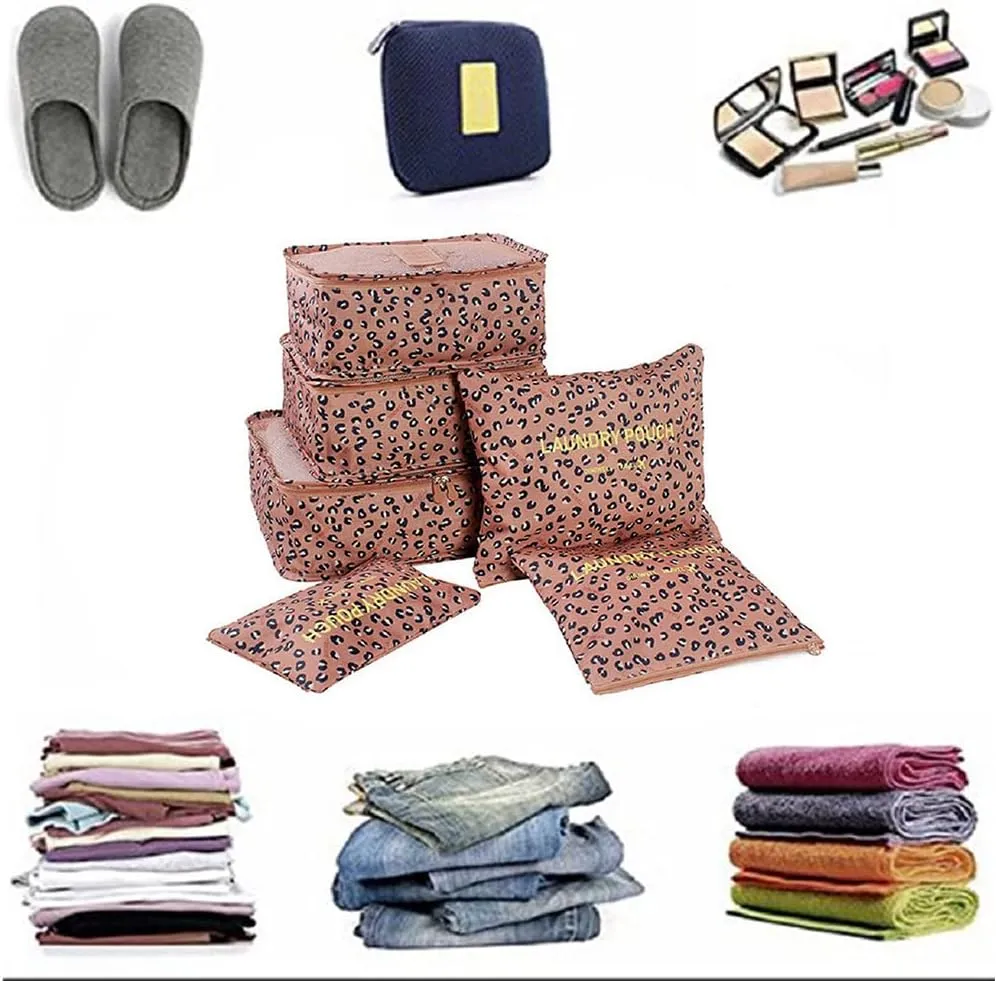 Packing Cubes 6 Set Travel Accessories Travel Luggage Packing Organizer Bags for Backpack Suitcases, Pink Leopard