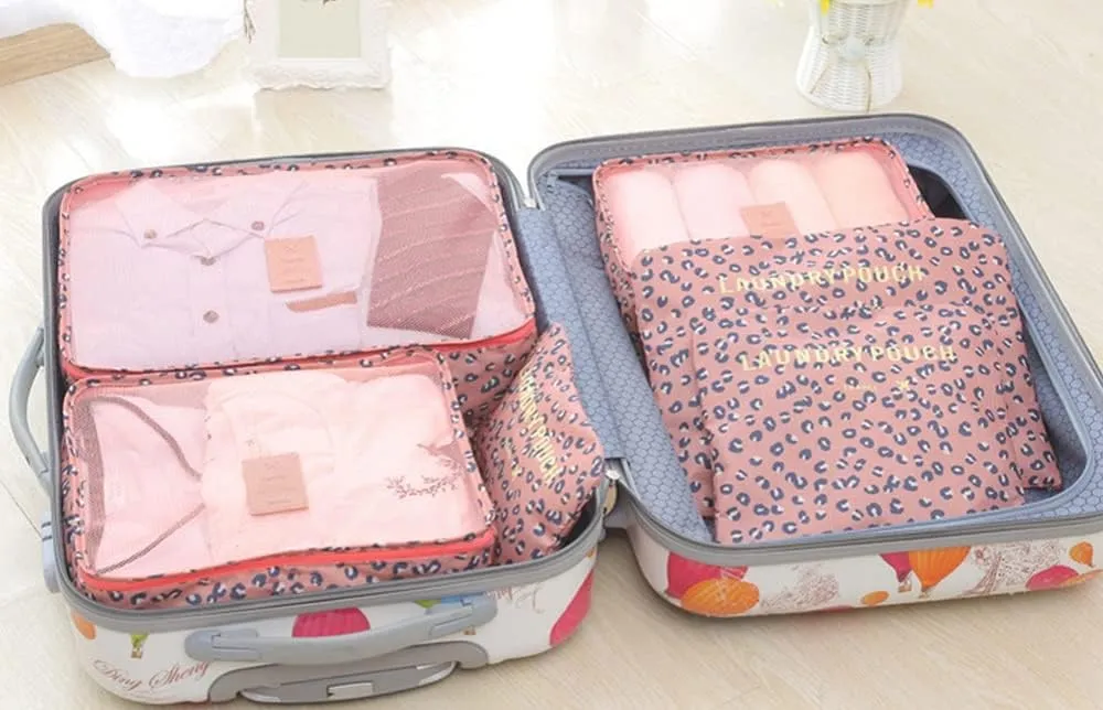 Packing Cubes 6 Set Travel Accessories Travel Luggage Packing Organizer Bags for Backpack Suitcases, Pink Leopard