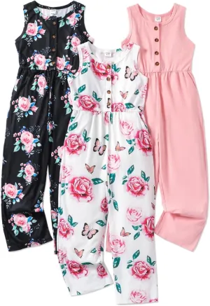 PATPAT 3 Pack Girls Jumpsuits Solid Color Floral Print Button Down Sleeveless Jumpsuits Long Romper Pants with Pockets 5-12Y