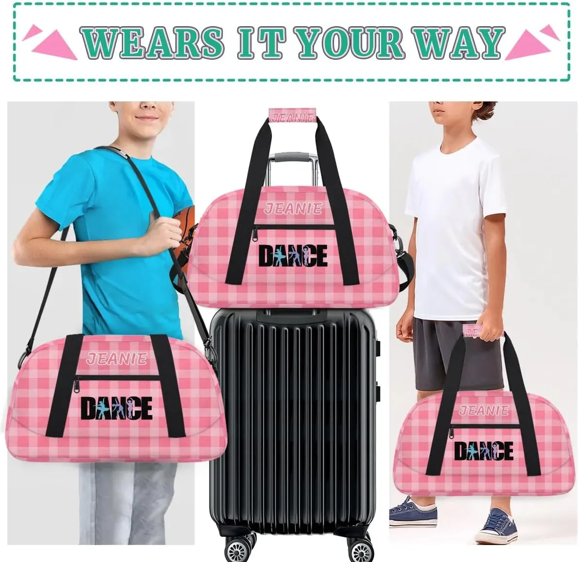 Personalize Kids Dance Duffel Bags with Custom Name & Text Sport Carry-On Garment Shoes Bags Gift for Girls Boys Teens Overnight Weekender Travel Pink Grid 1