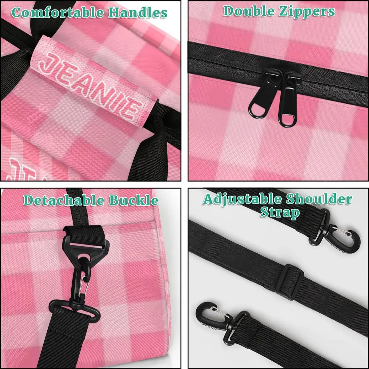 Personalize Kids Dance Duffel Bags with Custom Name & Text Sport Carry-On Garment Shoes Bags Gift for Girls Boys Teens Overnight Weekender Travel Pink Grid 1