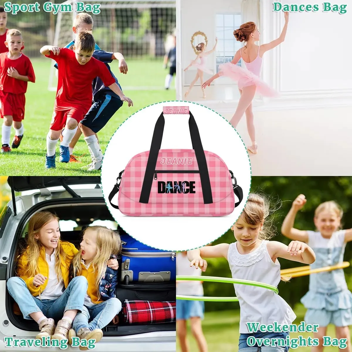 Personalize Kids Dance Duffel Bags with Custom Name & Text Sport Carry-On Garment Shoes Bags Gift for Girls Boys Teens Overnight Weekender Travel Pink Grid 1