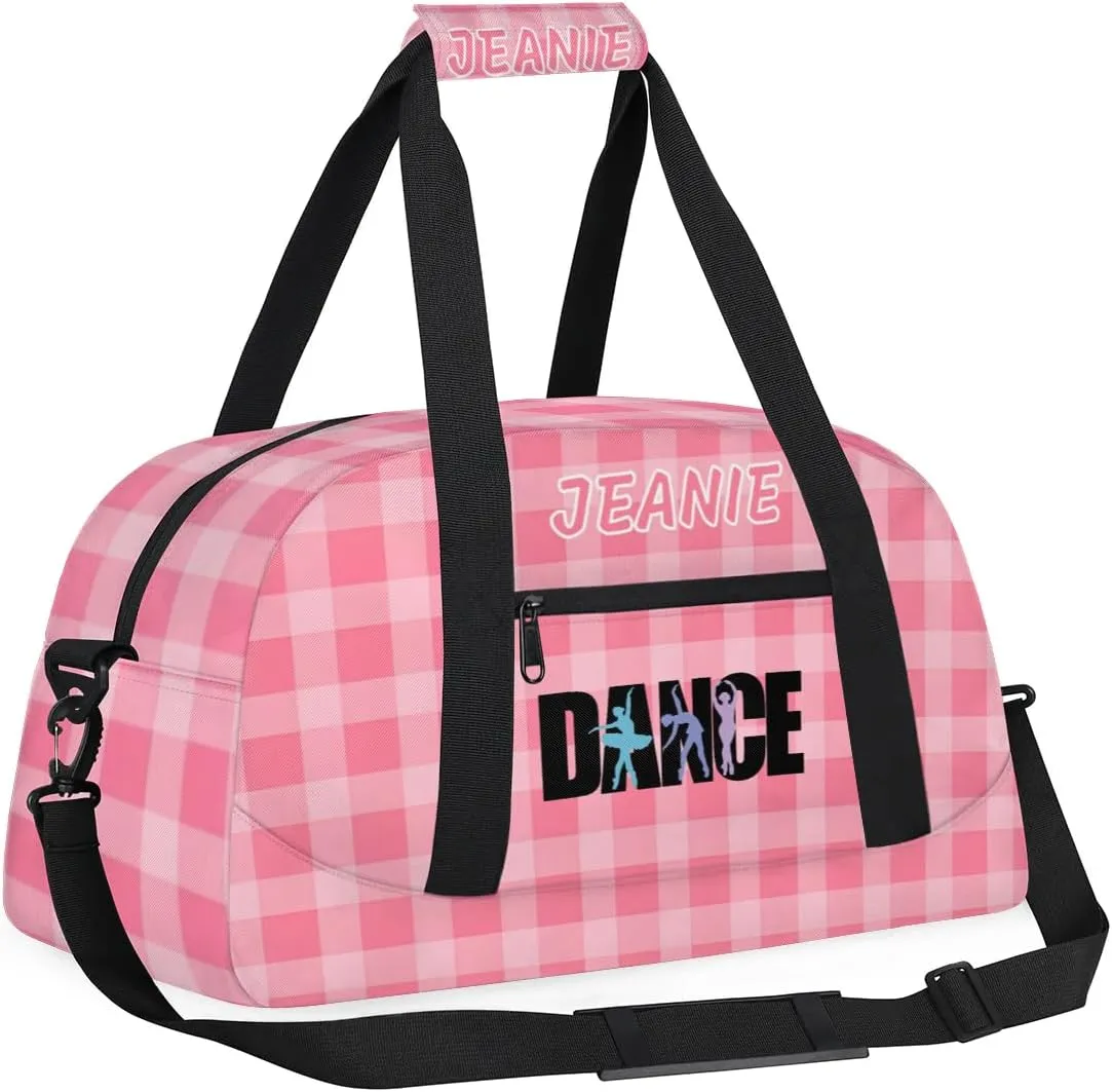 Personalize Kids Dance Duffel Bags with Custom Name & Text Sport Carry-On Garment Shoes Bags Gift for Girls Boys Teens Overnight Weekender Travel Pink Grid 1