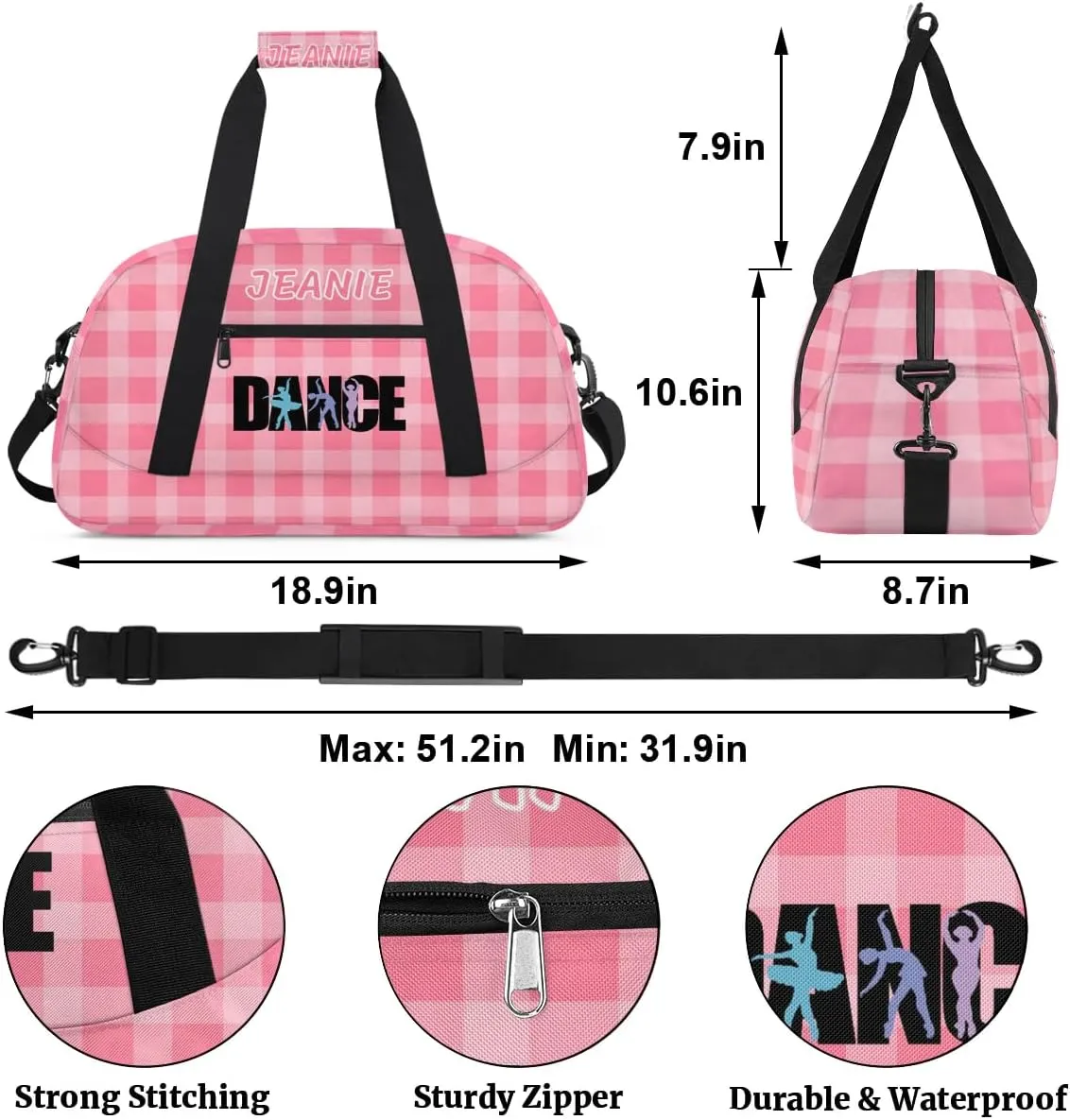 Personalize Kids Dance Duffel Bags with Custom Name & Text Sport Carry-On Garment Shoes Bags Gift for Girls Boys Teens Overnight Weekender Travel Pink Grid 1