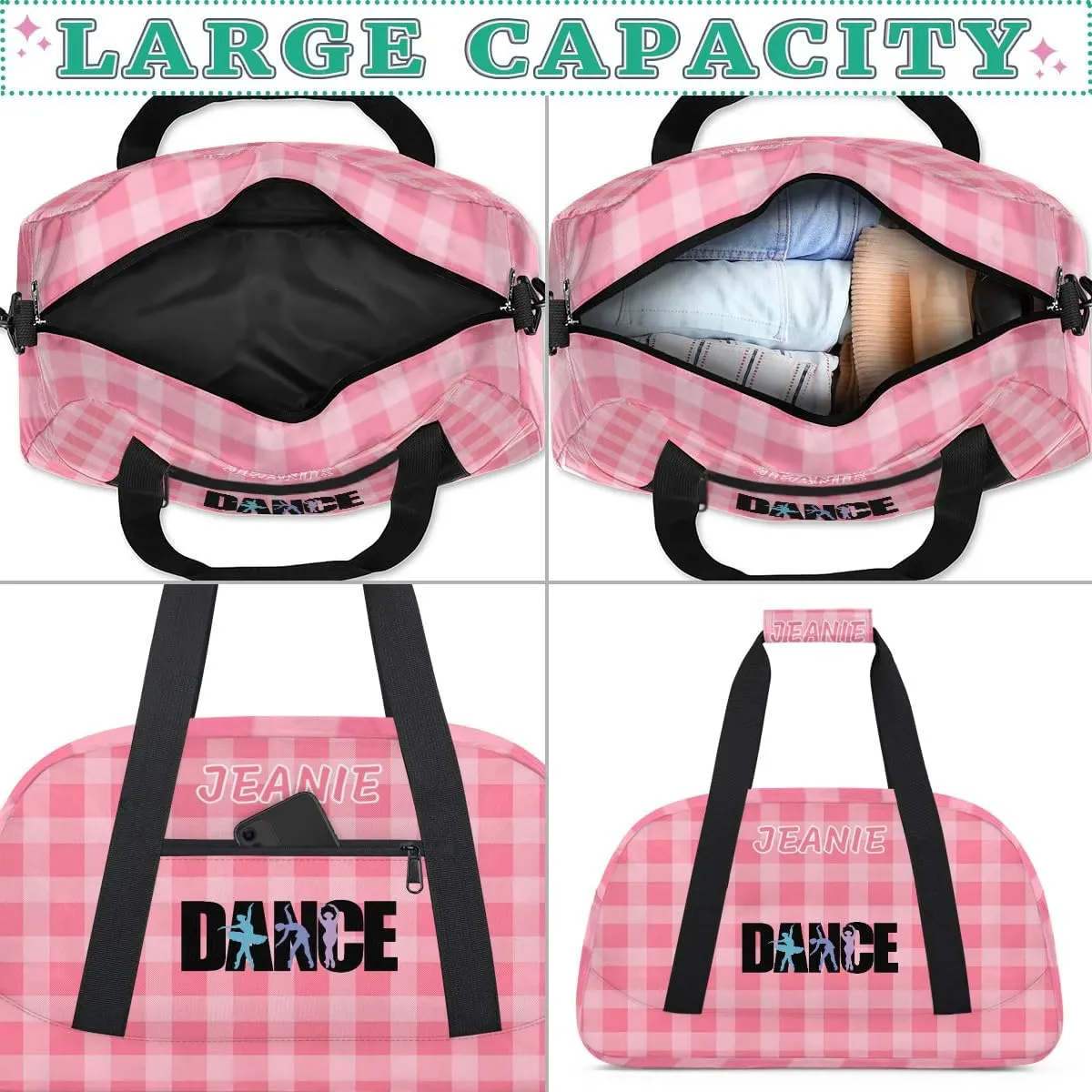 Personalize Kids Dance Duffel Bags with Custom Name & Text Sport Carry-On Garment Shoes Bags Gift for Girls Boys Teens Overnight Weekender Travel Pink Grid 1