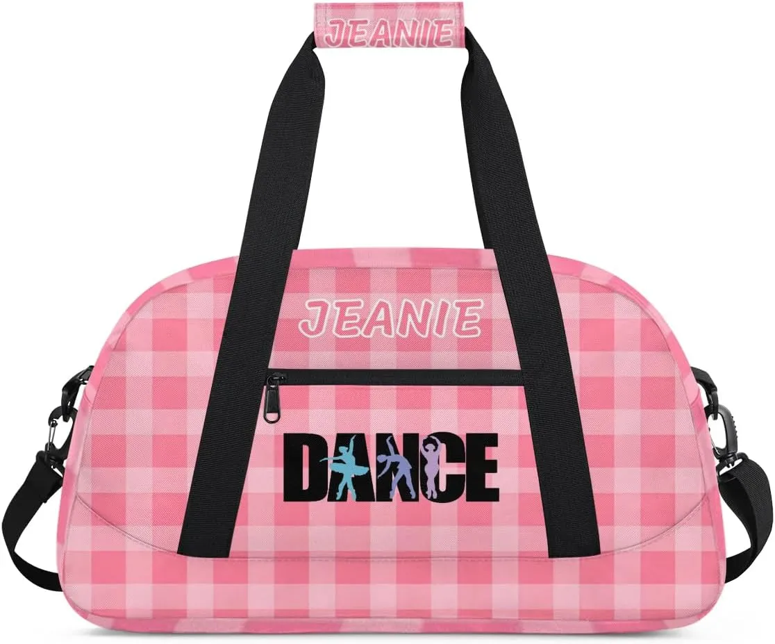 Personalize Kids Dance Duffel Bags with Custom Name & Text Sport Carry-On Garment Shoes Bags Gift for Girls Boys Teens Overnight Weekender Travel Pink Grid 1