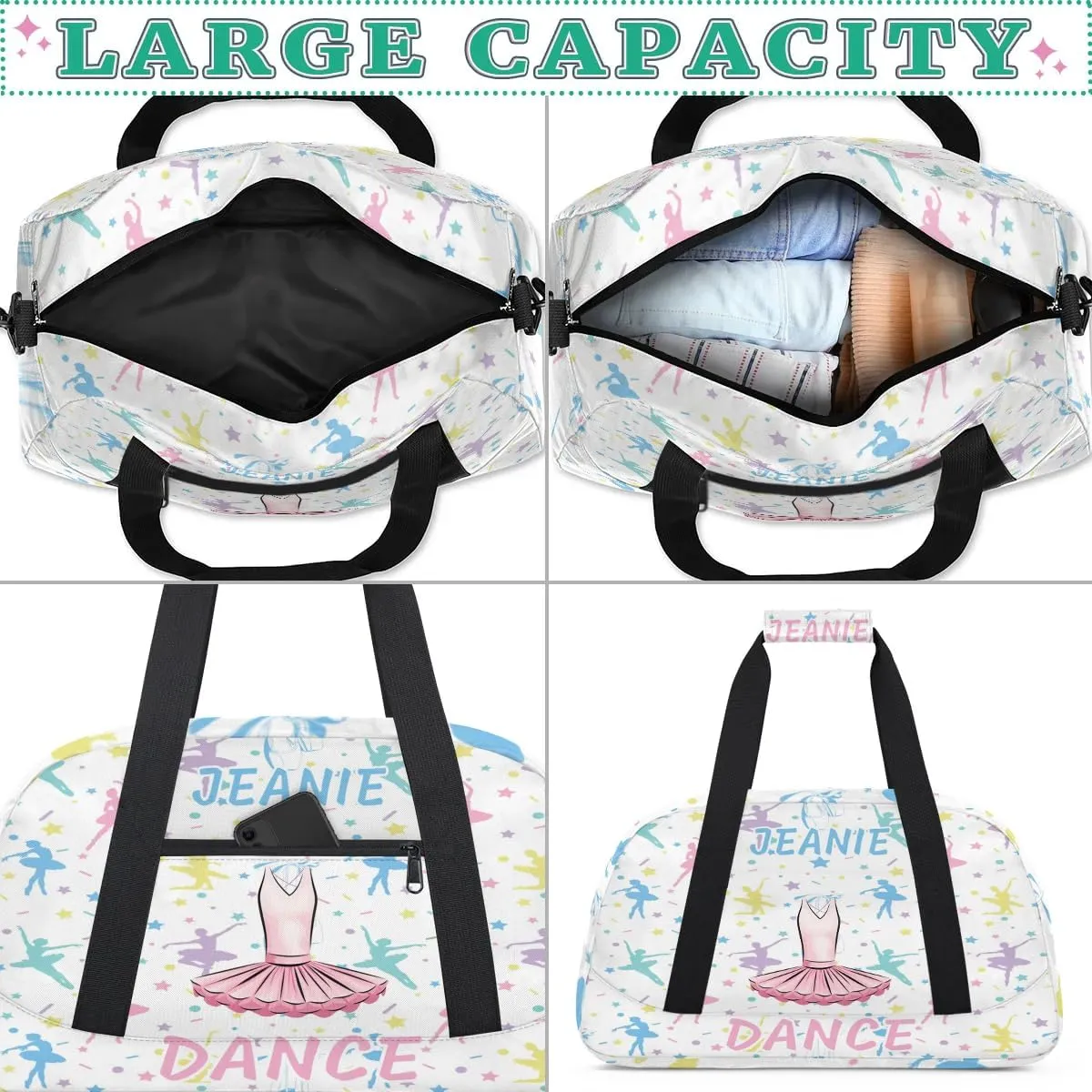 Personalize Kids Dance Duffel Bags with Custom Name & Text Sport Carry-On Garment Shoes Bags Gift for Girls Boys Teens Overnight Weekender Travel White 6
