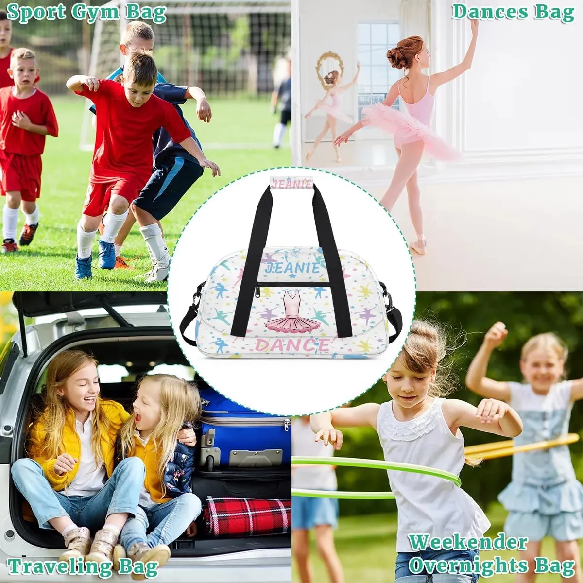 Personalize Kids Dance Duffel Bags with Custom Name & Text Sport Carry-On Garment Shoes Bags Gift for Girls Boys Teens Overnight Weekender Travel White 6