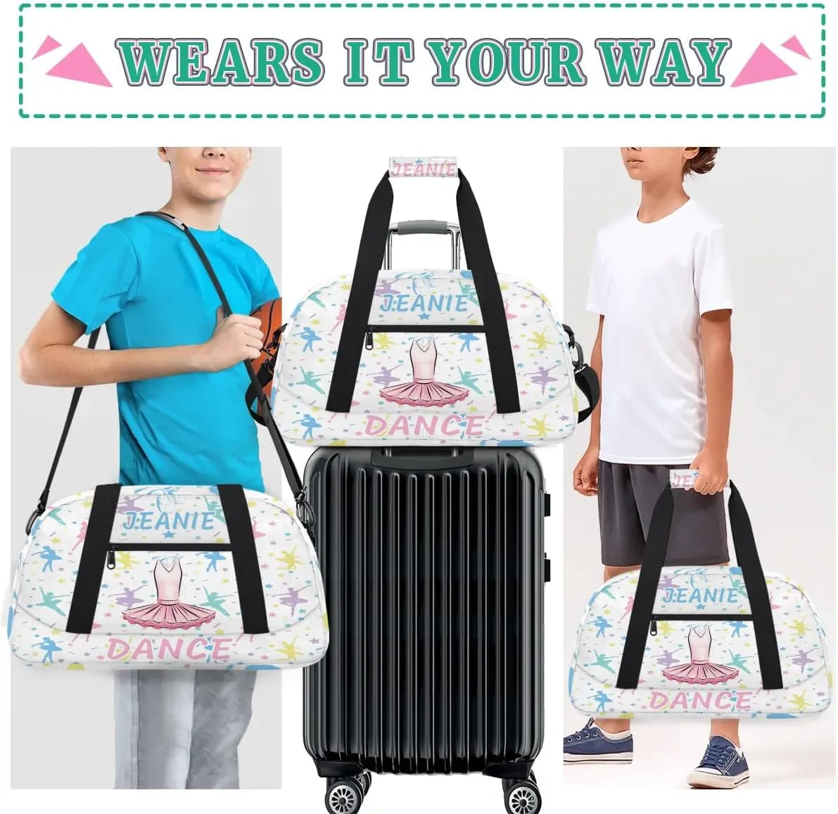Personalize Kids Dance Duffel Bags with Custom Name & Text Sport Carry-On Garment Shoes Bags Gift for Girls Boys Teens Overnight Weekender Travel White 6
