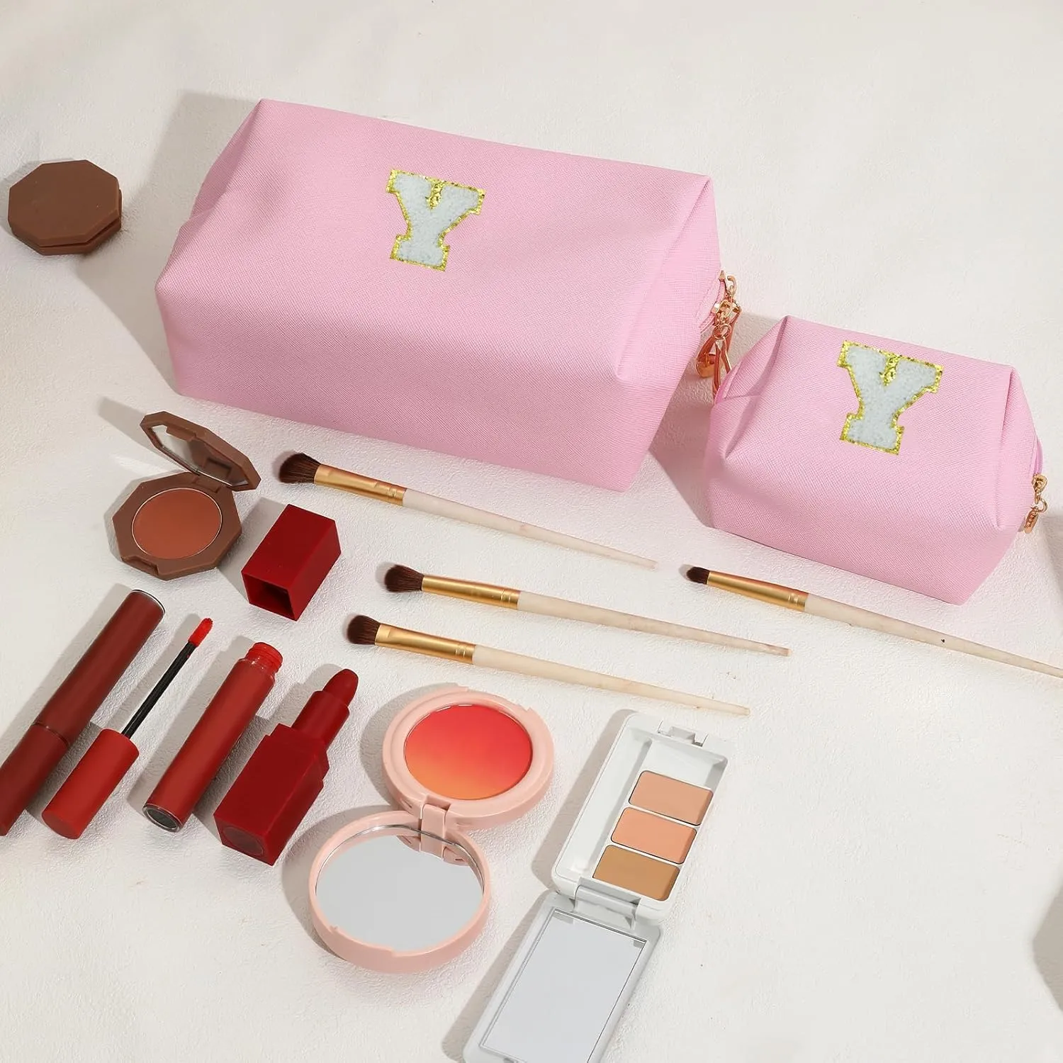 Personalized Initial Letter Makeup Bag Preppy Patch Bag, 2Pcs Waterproof PU Leather Chenille Letter Cosmetic Bag, Pink Travel Makeup Bag with Zipper for Girls Women (Letter Y)