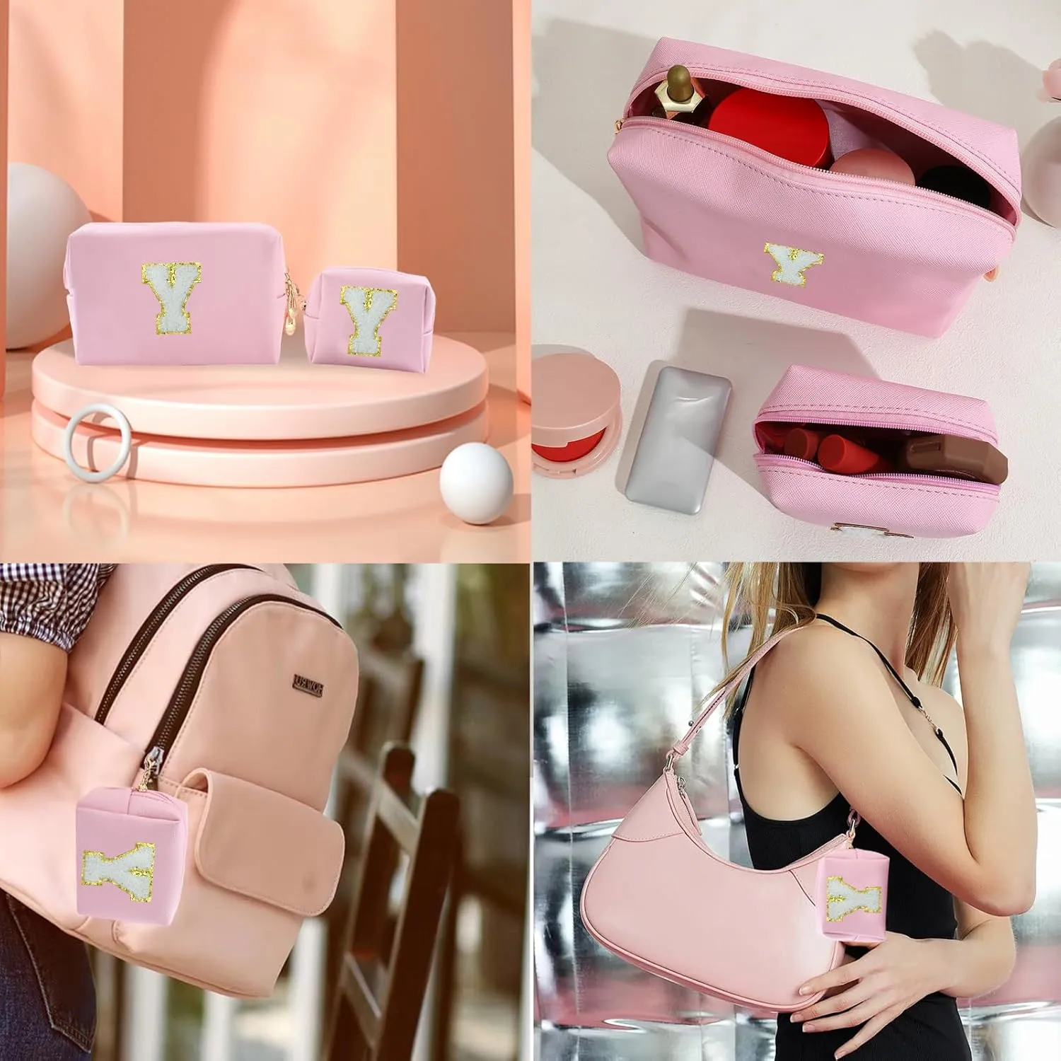 Personalized Initial Letter Makeup Bag Preppy Patch Bag, 2Pcs Waterproof PU Leather Chenille Letter Cosmetic Bag, Pink Travel Makeup Bag with Zipper for Girls Women (Letter Y)