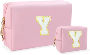 Personalized Initial Letter Makeup Bag Preppy Patch Bag, 2Pcs Waterproof PU Leather Chenille Letter Cosmetic Bag, Pink Travel Makeup Bag with Zipper for Girls Women (Letter Y)