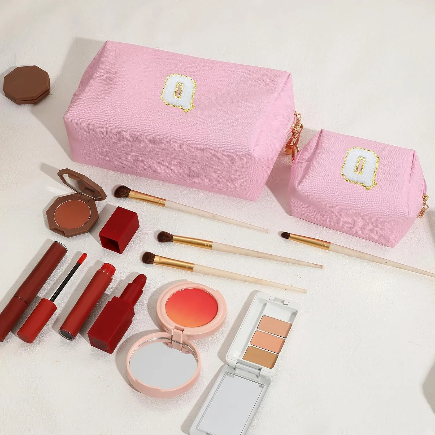 Personalized Initial Letter Makeup Bag, Preppy Patch Bag 2Pcs Waterproof PU Leather Chenille Letter Cosmetic Bag, Pink Travel Makeup Bag with Zipper for Girls Women