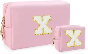 Personalized Initial Letter Makeup Bag, Preppy Patch Bag, 2Pcs Waterproof PU Leather Chenille Letter Cosmetic Bag, Pink Travel Makeup Bag with Zipper for Girls Women