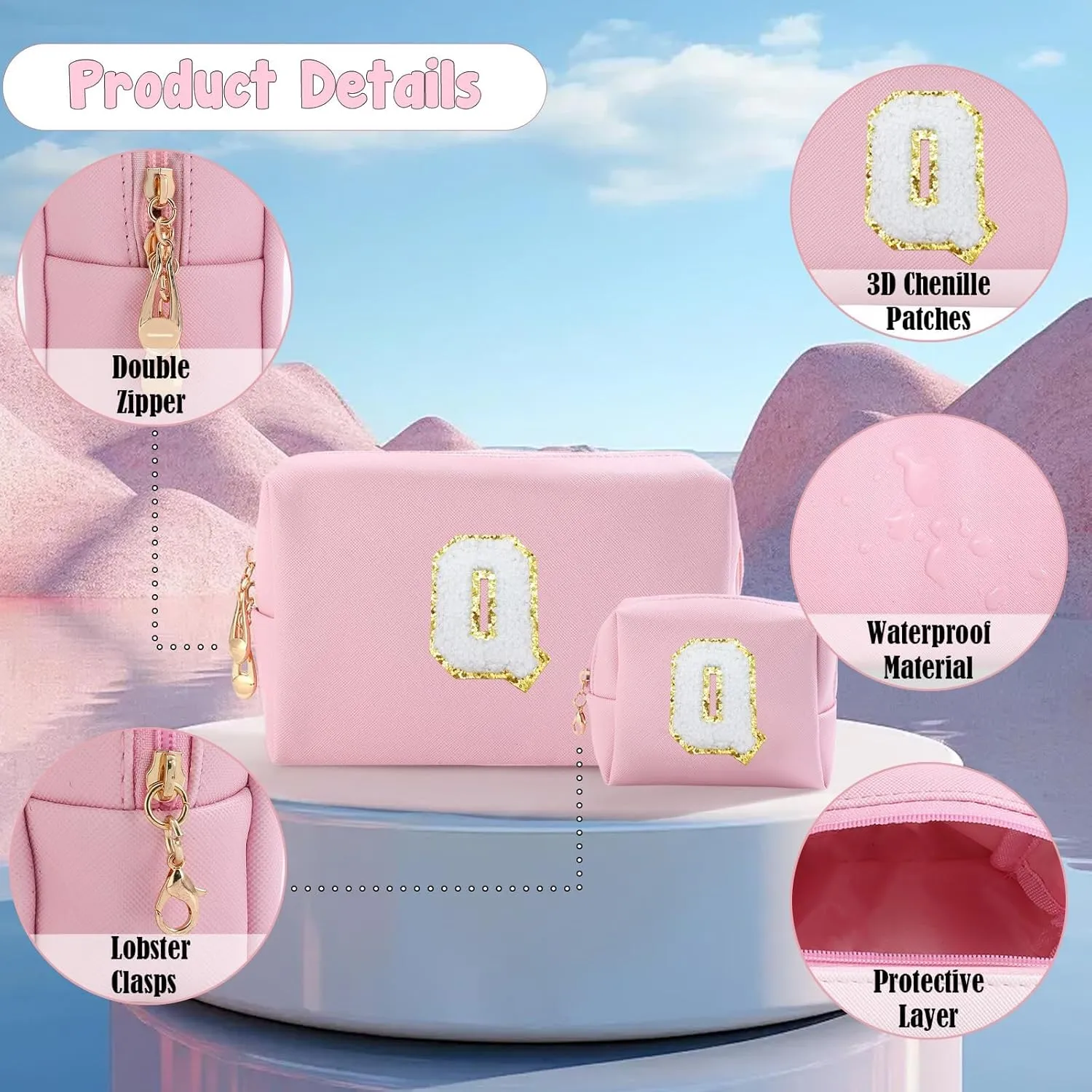 Personalized Initial Letter Makeup Bag, Preppy Patch Bag 2Pcs Waterproof PU Leather Chenille Letter Cosmetic Bag, Pink Travel Makeup Bag with Zipper for Girls Women