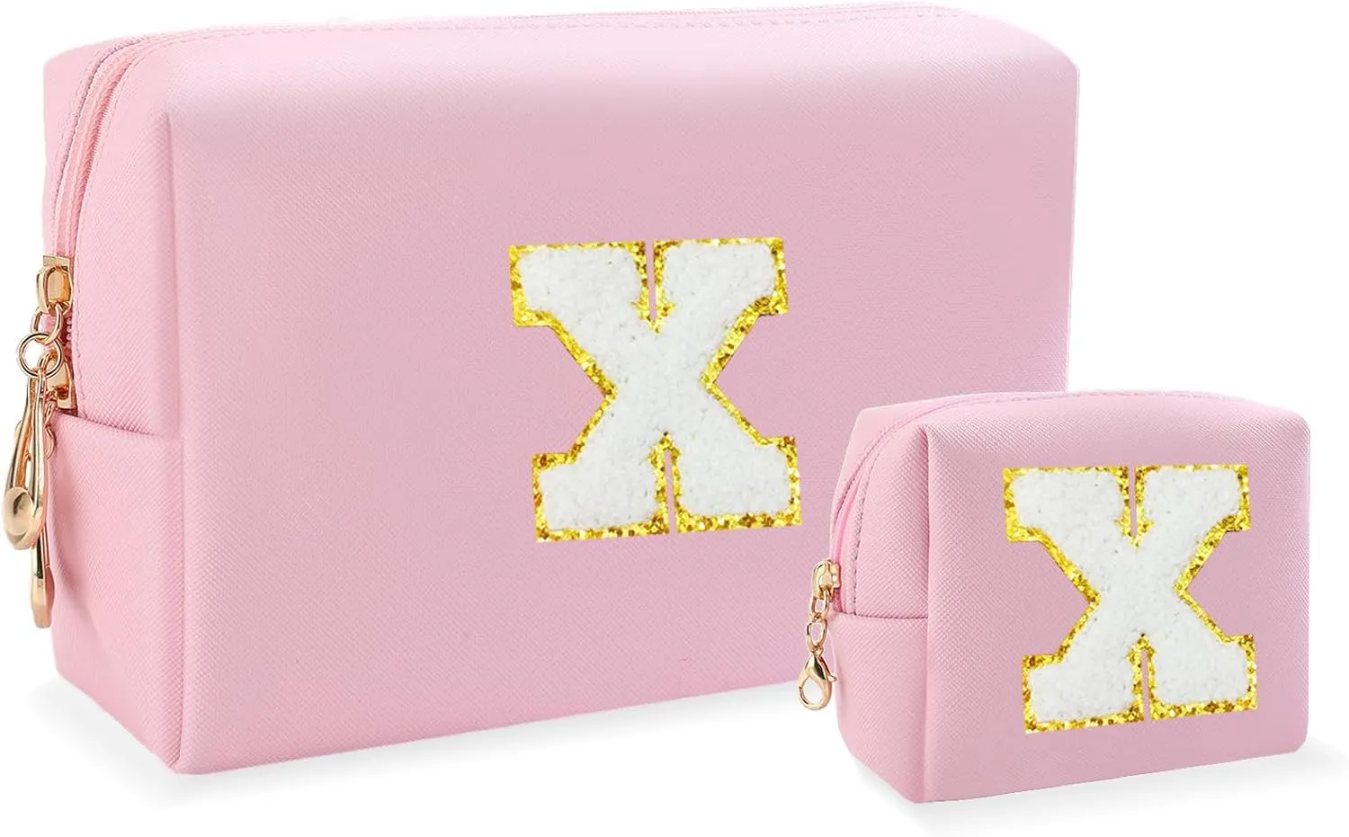 Personalized Initial Letter Makeup Bag, Preppy Patch Bag, 2Pcs Waterproof PU Leather Chenille Letter Cosmetic Bag, Pink Travel Makeup Bag with Zipper for Girls Women