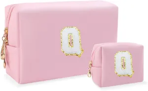 Personalized Initial Letter Makeup Bag, Preppy Patch Bag 2Pcs Waterproof PU Leather Chenille Letter Cosmetic Bag, Pink Travel Makeup Bag with Zipper for Girls Women