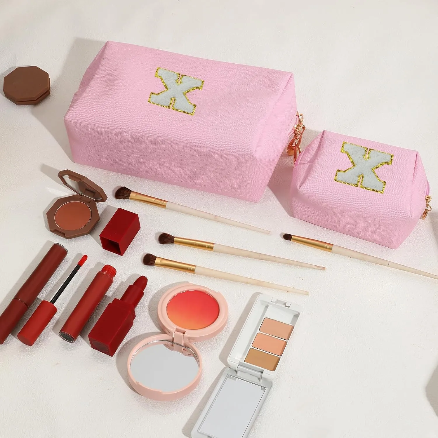 Personalized Initial Letter Makeup Bag, Preppy Patch Bag, 2Pcs Waterproof PU Leather Chenille Letter Cosmetic Bag, Pink Travel Makeup Bag with Zipper for Girls Women