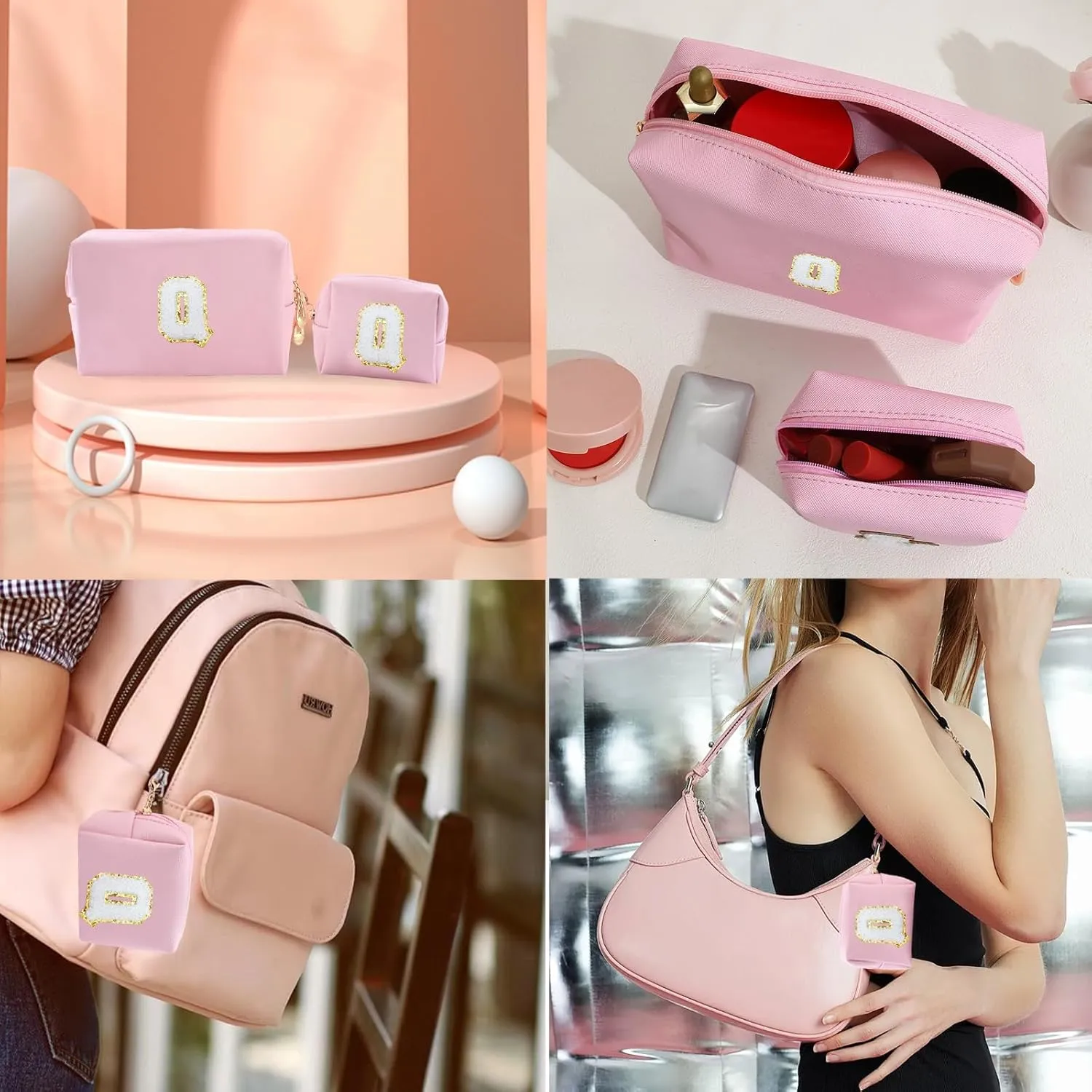Personalized Initial Letter Makeup Bag, Preppy Patch Bag 2Pcs Waterproof PU Leather Chenille Letter Cosmetic Bag, Pink Travel Makeup Bag with Zipper for Girls Women