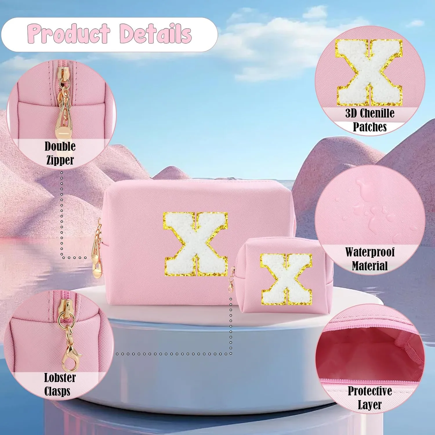 Personalized Initial Letter Makeup Bag, Preppy Patch Bag, 2Pcs Waterproof PU Leather Chenille Letter Cosmetic Bag, Pink Travel Makeup Bag with Zipper for Girls Women