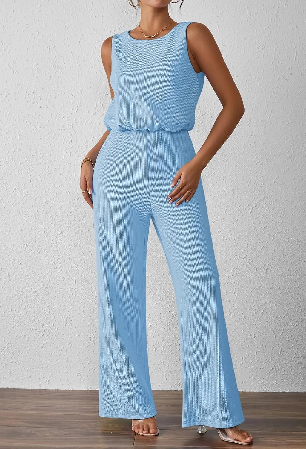 Pink Queen Women Summer Ribbed Jumpsuits Sleeveless Cut Out Back Wide Leg Rompers Outfits