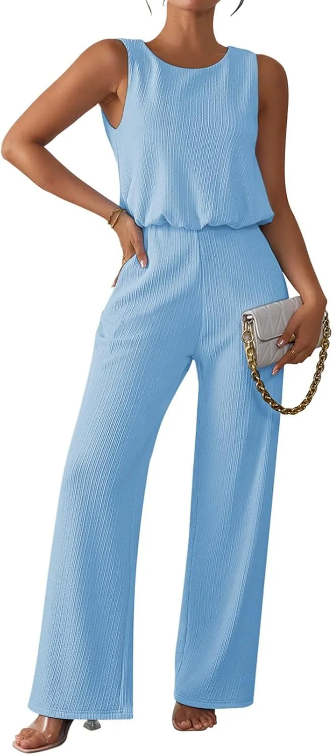 Pink Queen Women Summer Ribbed Jumpsuits Sleeveless Cut Out Back Wide Leg Rompers Outfits