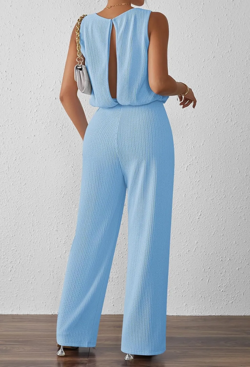 Pink Queen Women Summer Ribbed Jumpsuits Sleeveless Cut Out Back Wide Leg Rompers Outfits