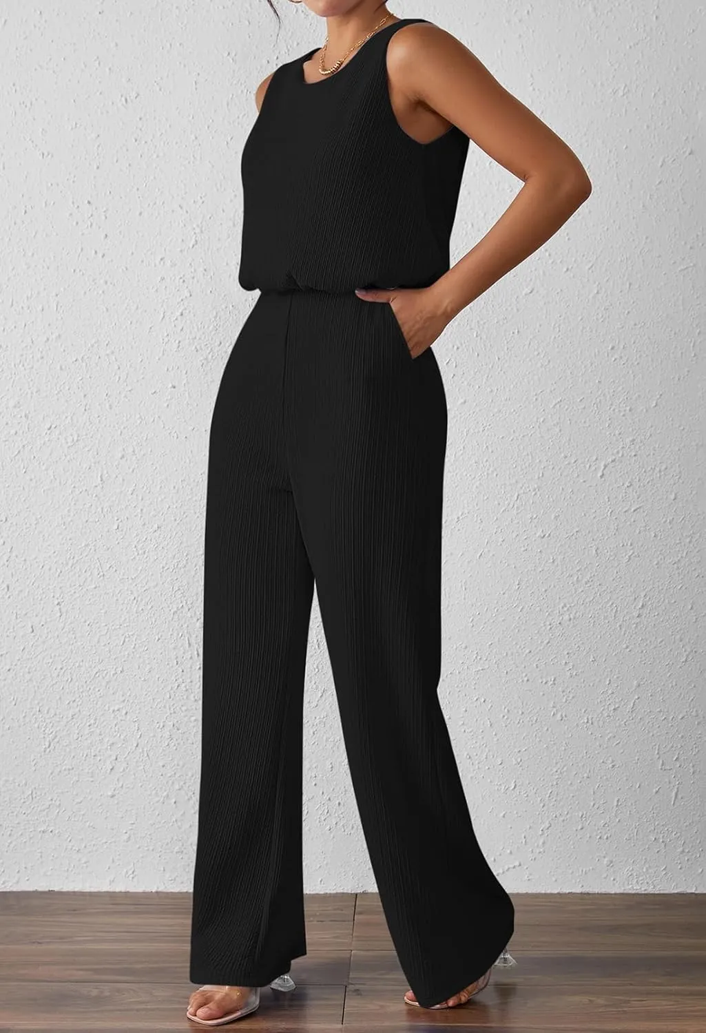 Pink Queen Women Summer Ribbed Jumpsuits Sleeveless Cut Out Back Wide Leg Rompers Outfits