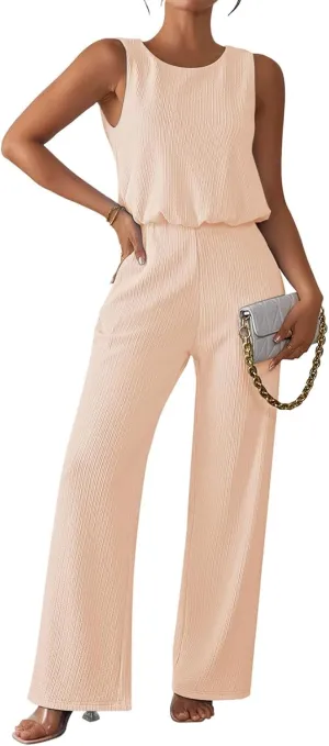 Pink Queen Women Summer Ribbed Jumpsuits Sleeveless Cut Out Back Wide Leg Rompers Outfits