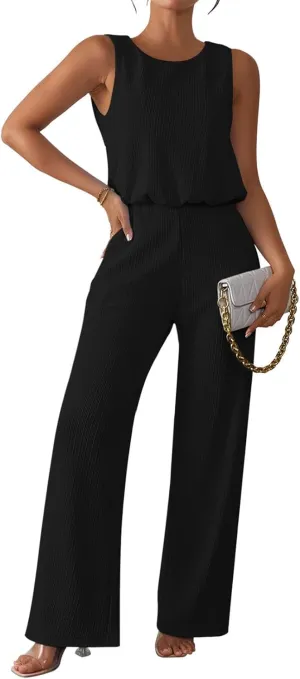 Pink Queen Women Summer Ribbed Jumpsuits Sleeveless Cut Out Back Wide Leg Rompers Outfits