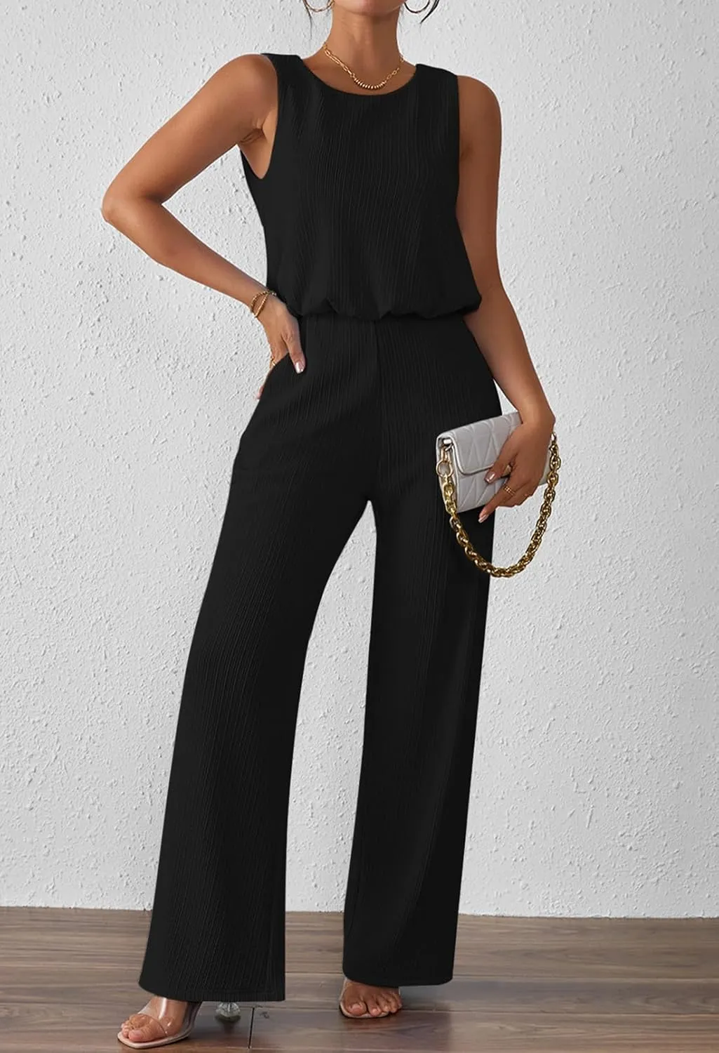 Pink Queen Women Summer Ribbed Jumpsuits Sleeveless Cut Out Back Wide Leg Rompers Outfits