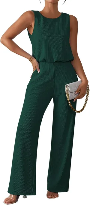 Pink Queen Women Summer Ribbed Jumpsuits Sleeveless Cut Out Back Wide Leg Rompers Outfits