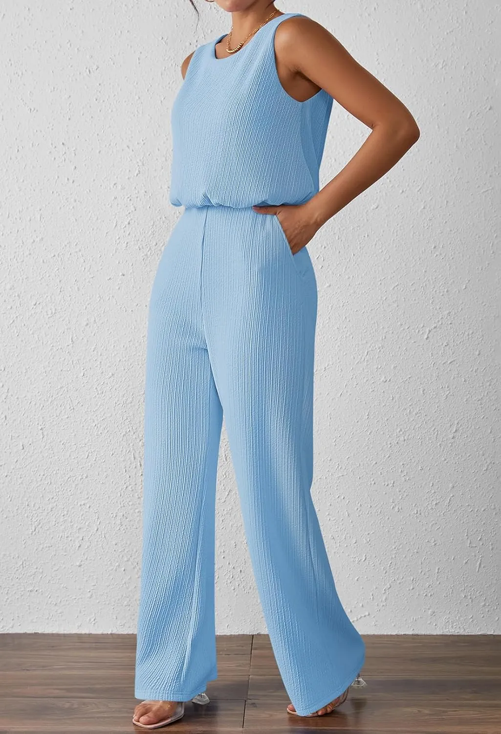 Pink Queen Women Summer Ribbed Jumpsuits Sleeveless Cut Out Back Wide Leg Rompers Outfits