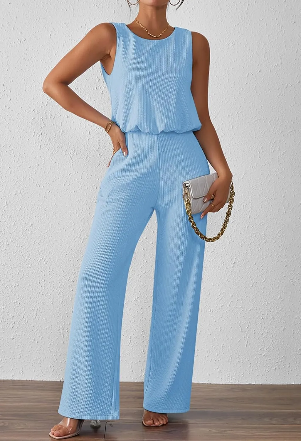 Pink Queen Women Summer Ribbed Jumpsuits Sleeveless Cut Out Back Wide Leg Rompers Outfits