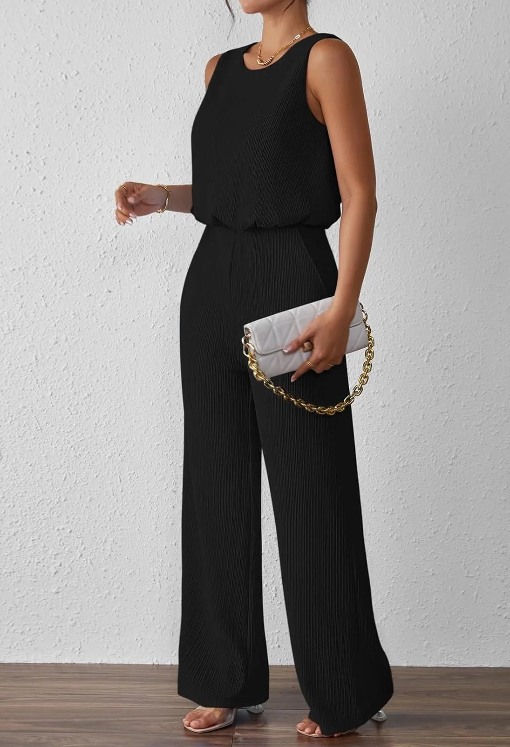 Pink Queen Women Summer Ribbed Jumpsuits Sleeveless Cut Out Back Wide Leg Rompers Outfits