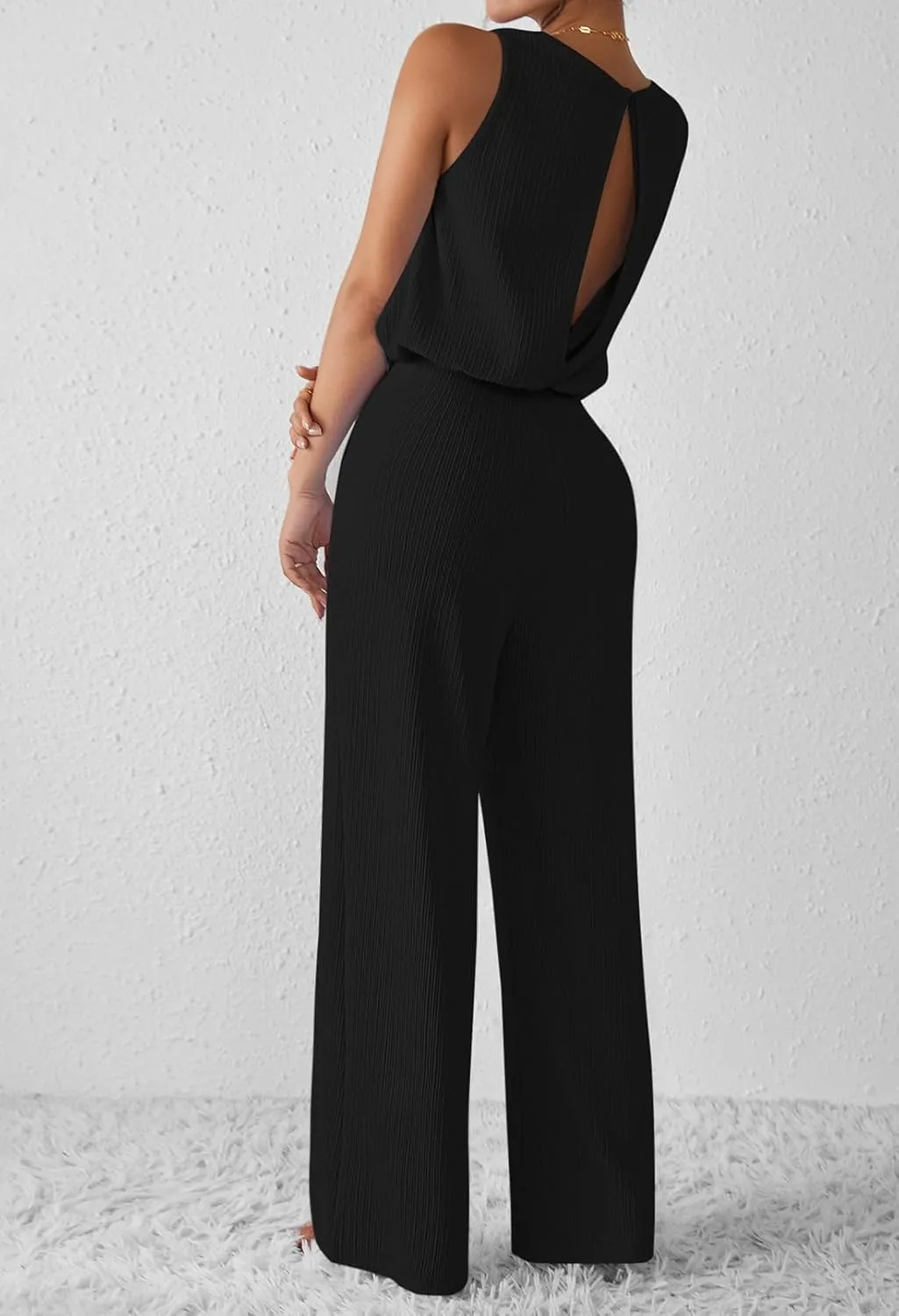Pink Queen Women Summer Ribbed Jumpsuits Sleeveless Cut Out Back Wide Leg Rompers Outfits