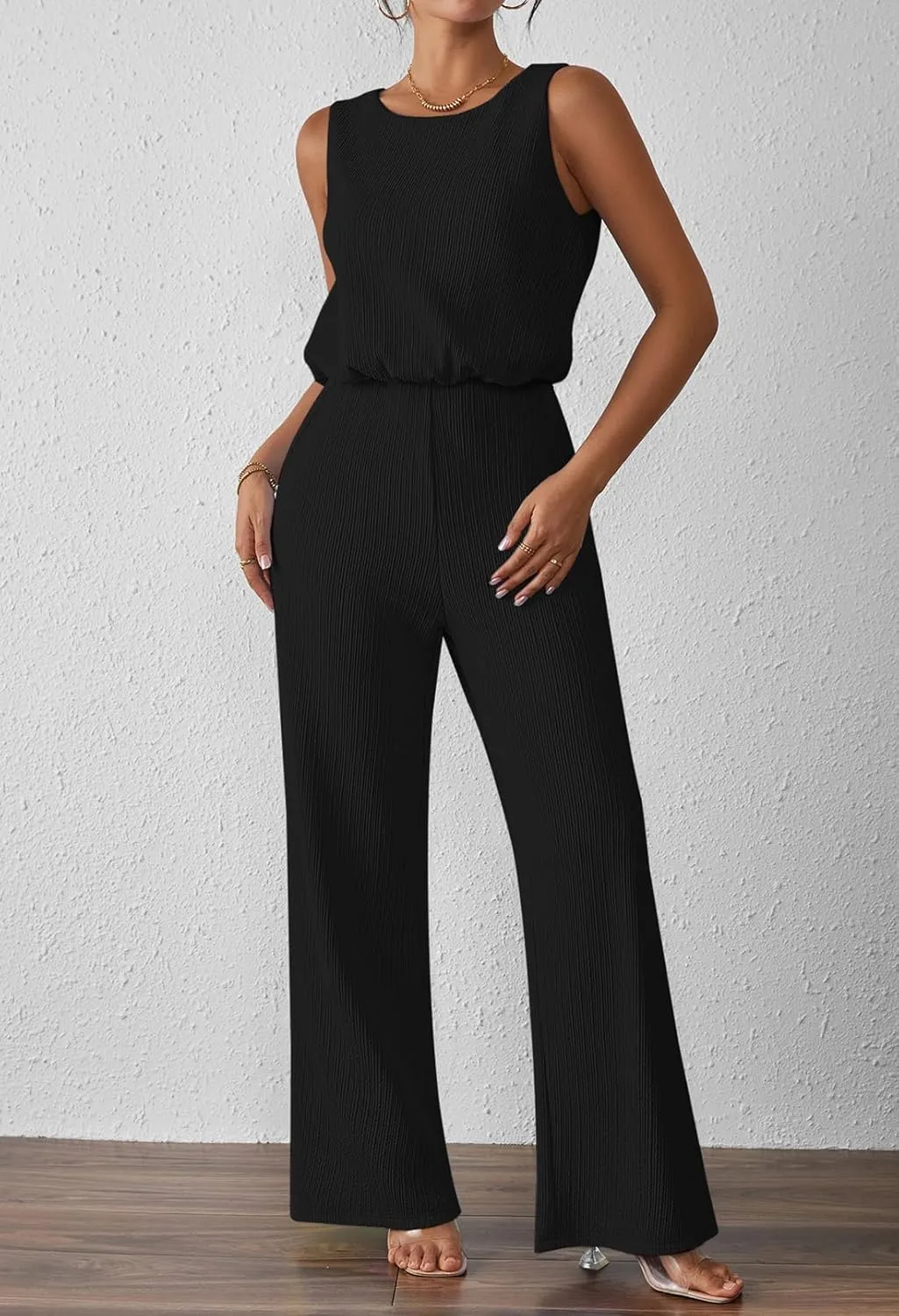 Pink Queen Women Summer Ribbed Jumpsuits Sleeveless Cut Out Back Wide Leg Rompers Outfits