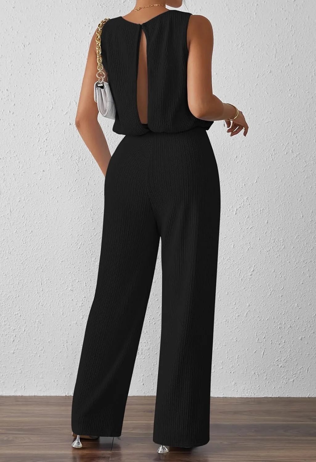 Pink Queen Women Summer Ribbed Jumpsuits Sleeveless Cut Out Back Wide Leg Rompers Outfits
