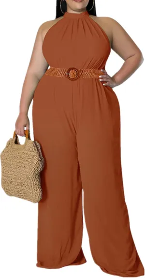 Plus Size Jumpsuits for Women Sexy Summer Elegant Solid Halter Neck Wide Leg Pants Long Rompers no Belt