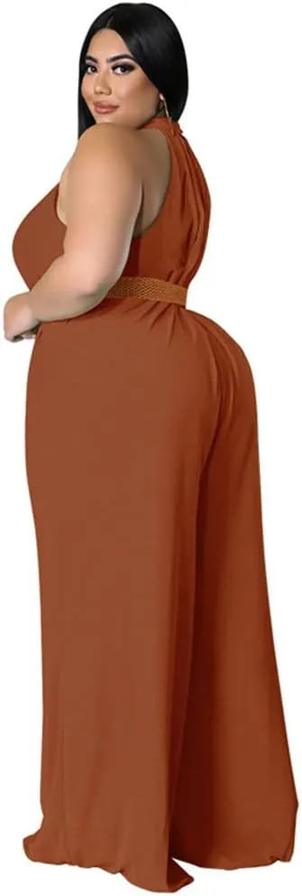 Plus Size Jumpsuits for Women Sexy Summer Elegant Solid Halter Neck Wide Leg Pants Long Rompers no Belt