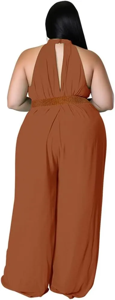 Plus Size Jumpsuits for Women Sexy Summer Elegant Solid Halter Neck Wide Leg Pants Long Rompers no Belt