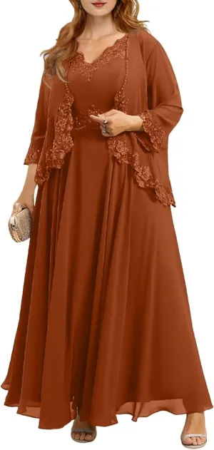 Plus Size Mother of The Bride Dresses for Wedding 2 Pieces Chiffon Ruffled Formal Dress with Jacket YB40