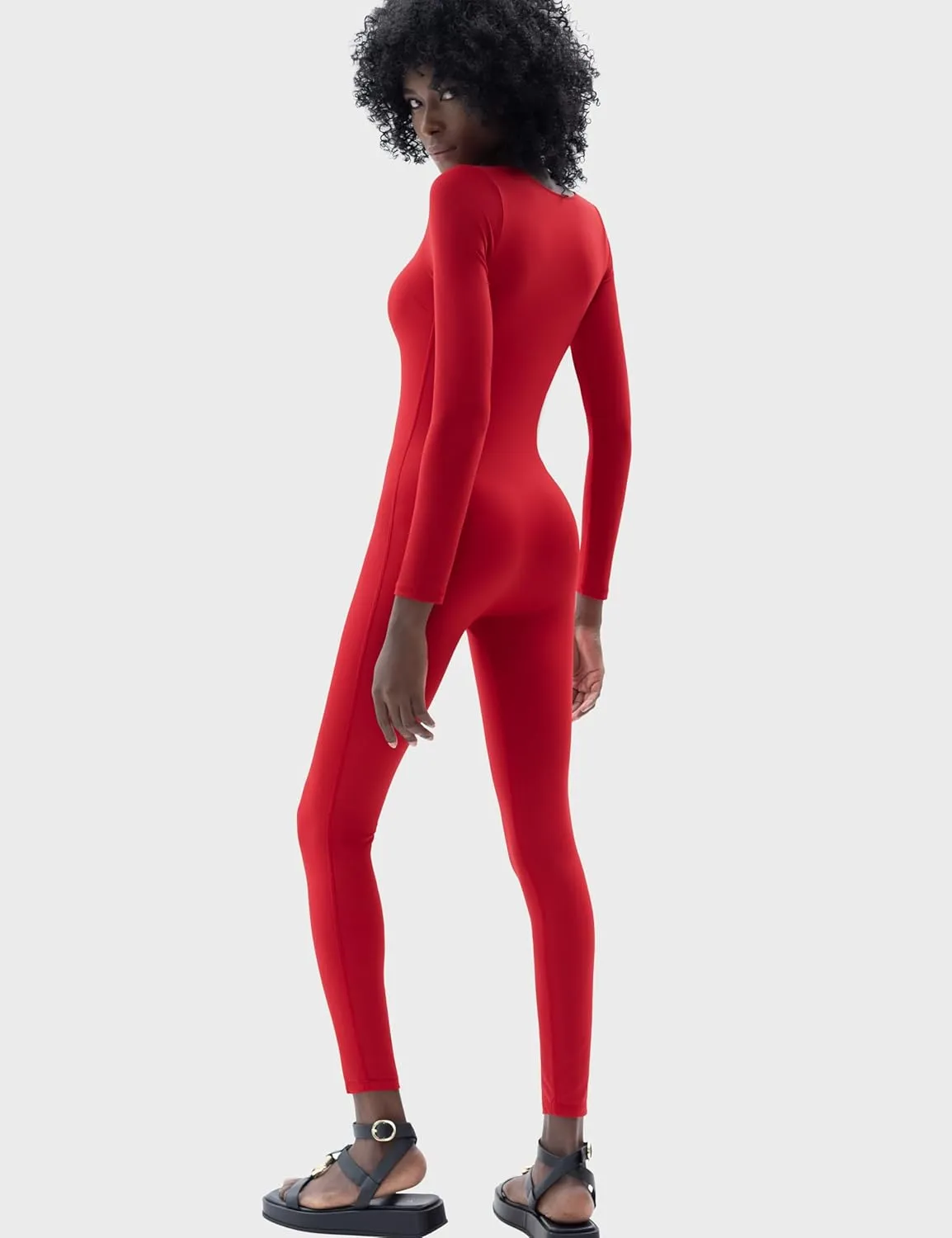 PUMIEY Jumpsuits for Women Square Neck Long Sleeve Bodycon Unitard One Piece Outfits Chill Collection